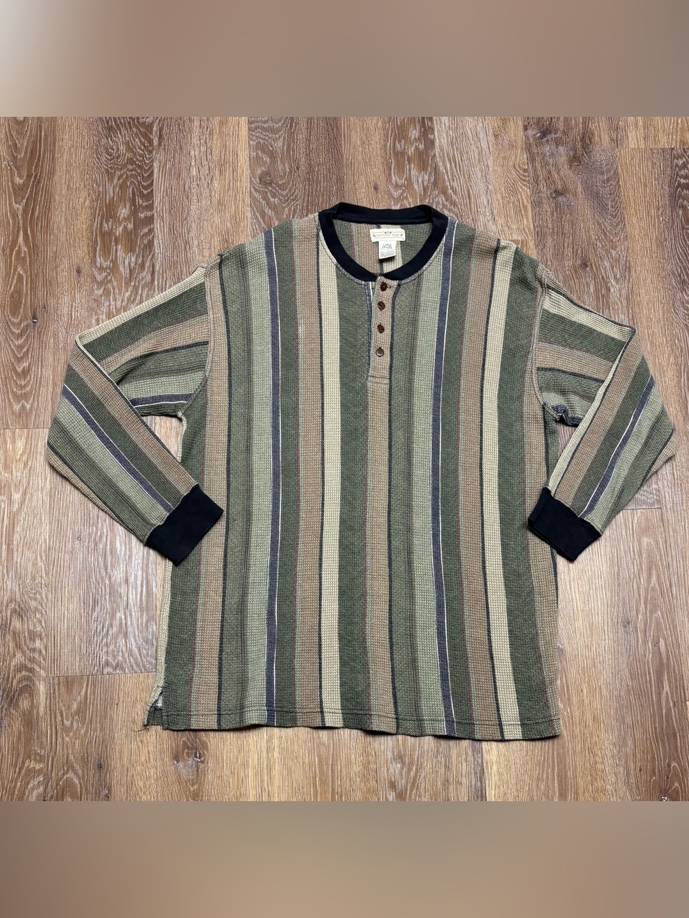 Men's Long Sleeve Henley Stripe Shirt - Olive/Brown/Black